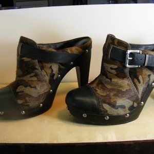 BCBGeneration Millard Camouflage Pony Calf Hair Studded Platform High Heel Mules